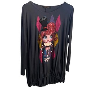 Bernini Grey Graphic Doll Elastic High Low Hem Knit Top Steampunk Medium